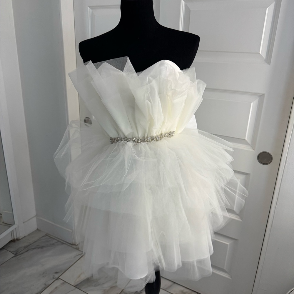 CUSTOM MADE Elegant White Tulle Dress with Embellished Waist